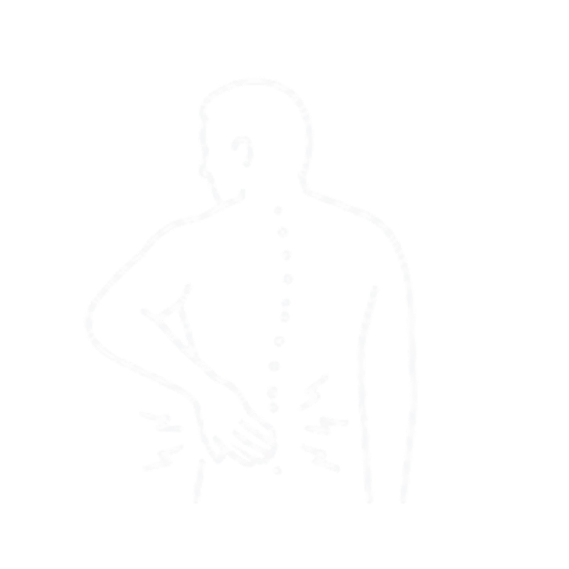 Ficha de tratamiento del dolor de espalda con icono de lesión en la columna vertebral y la zona lumbar para la recuperación tras un accidente