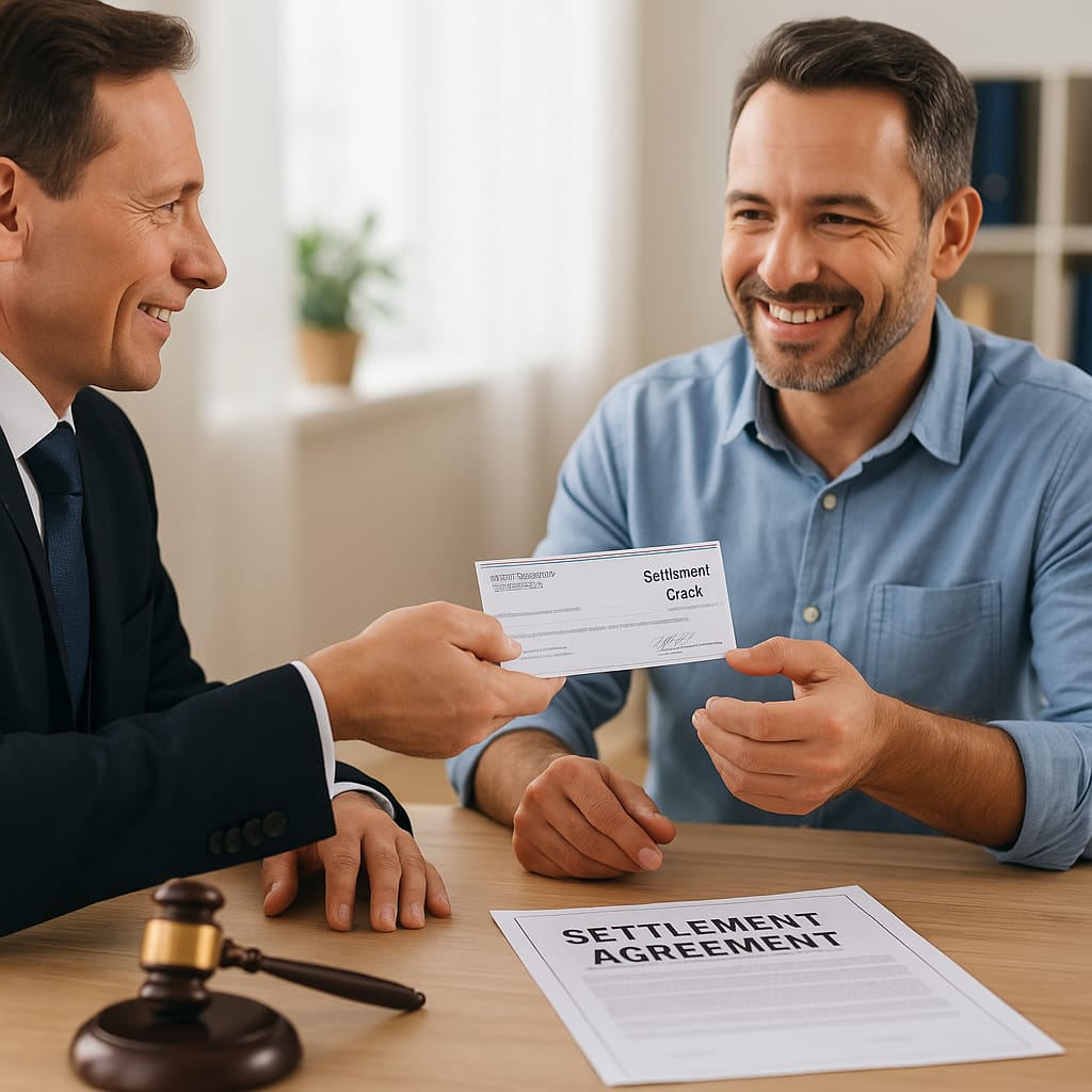 Attorney handing settlement documents to an injured client after winning a personal injury case. 