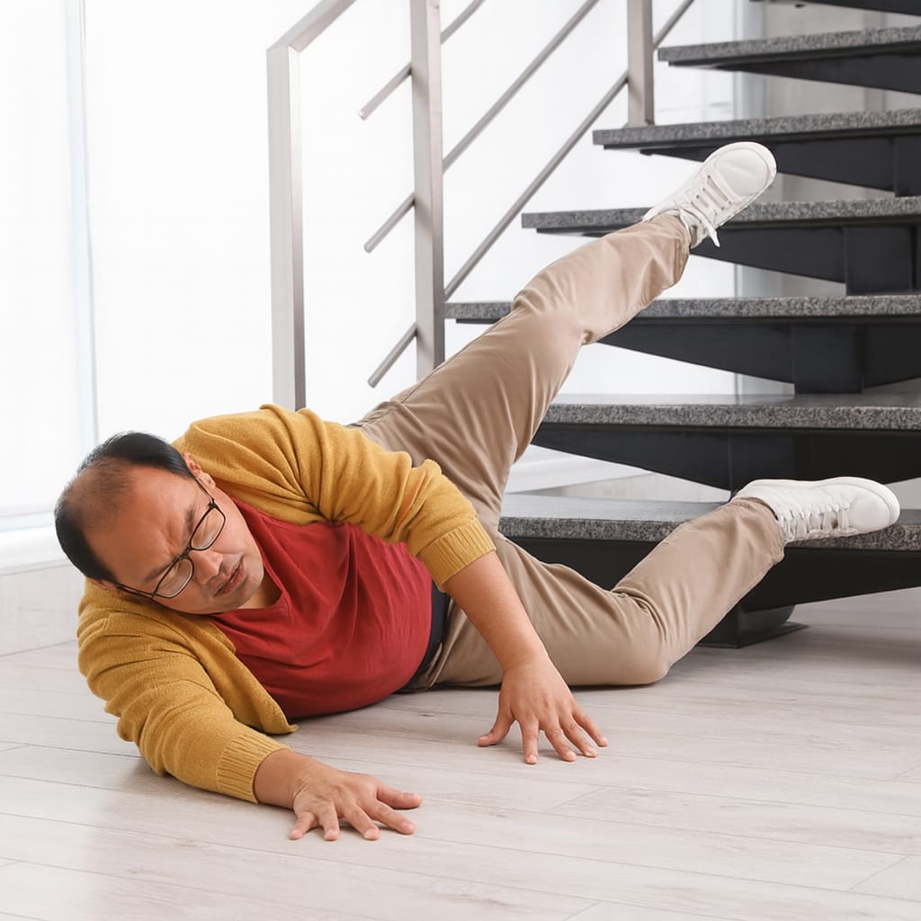 Person who fell down a staircase due to unsafe conditions