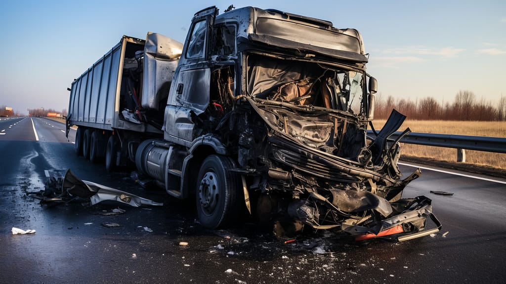 Photo of the damaged truck after an accident on the highway. Tucson Truck Accident Lawyers