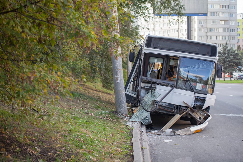 Road accident, accident with a passenger city bus, the bus crashed into a pole. Phoenix Bus accident lawyers 