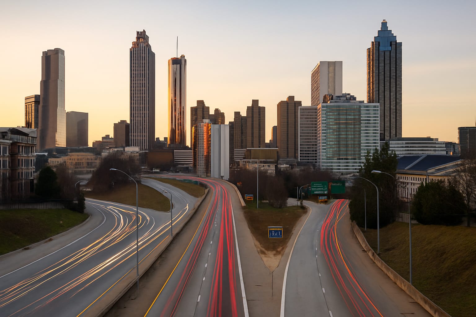 Atlanta skyline with traffic on I-75/I-85 at sunset, symbolizing personal injury claims process in Georgia