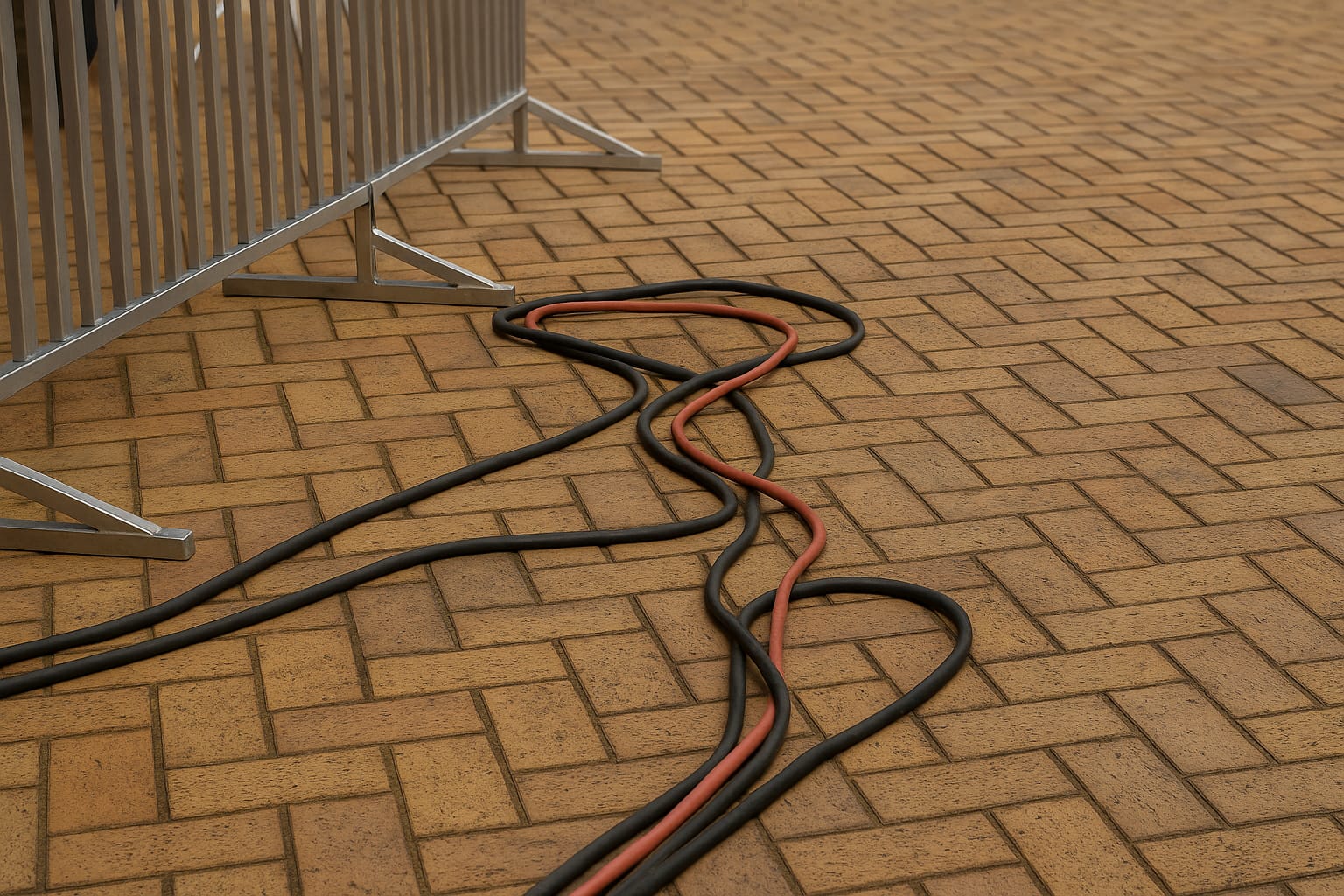 Loose electrical cables on a public pathway showing a common hazard that can cause trip-and-fall accidents.
