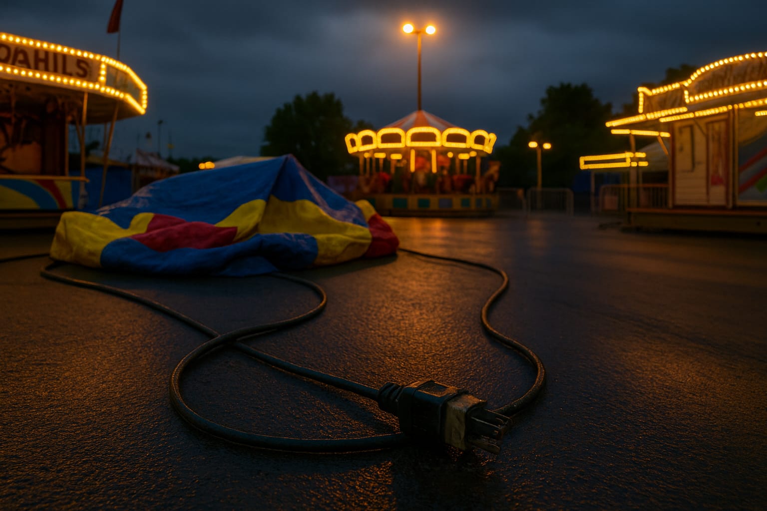 Cables and equipment on the ground at an outdoor fairground at night creating a safety hazard