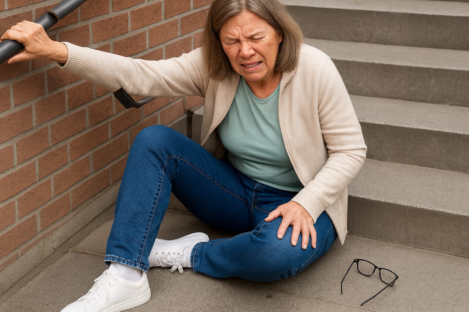 Older woman sitting on outdoor steps in pain holding her knee after a fall