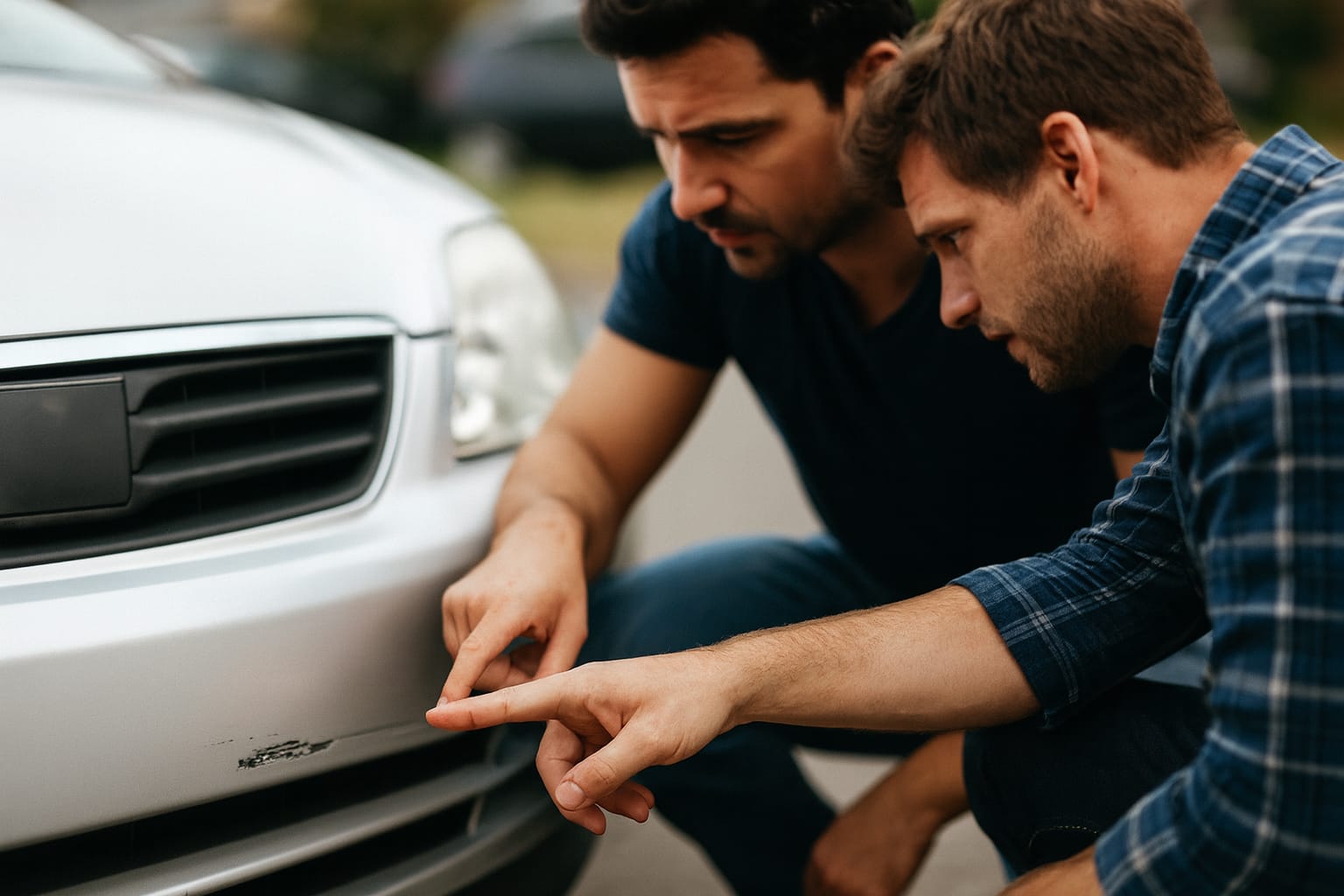 Two men crouching down to inspect damage on the front bumper of a car.