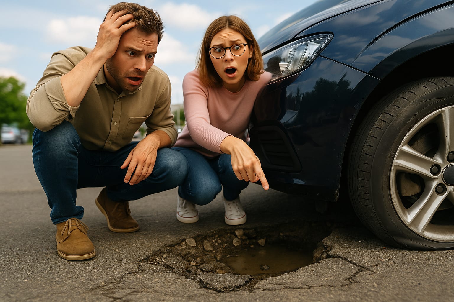 Are Business Owners Liable for Parking Lot Potholes – couple inspecting flat tire and rim damage caused by a pothole in a parking lot.