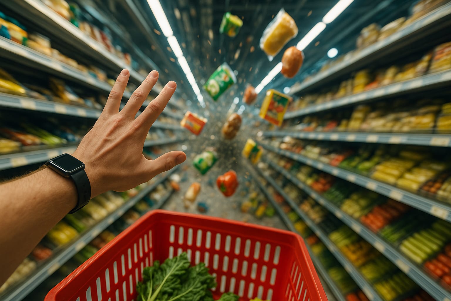 Shopper injured by falling merchandise as a stack of cereal boxes collapses in a grocery store aisle