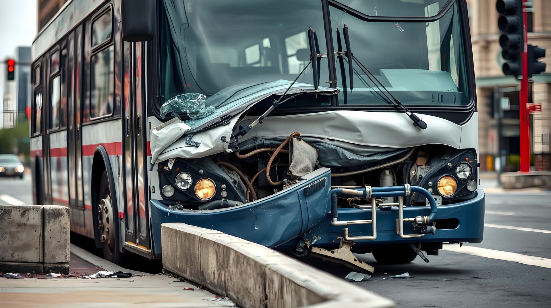 Damaged MARTA-style city bus after a serious traffic accident in downtown Atlanta