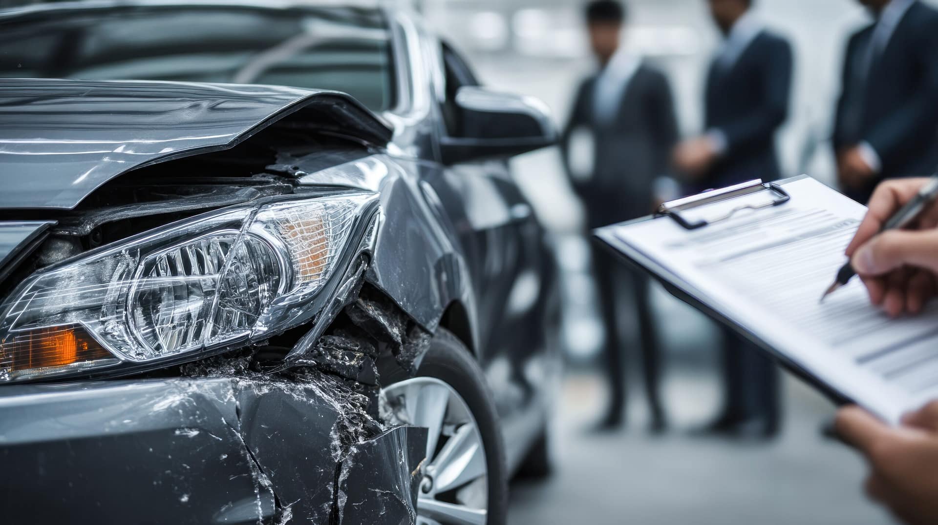 Car damage inspection after San Antonio auto accident with insurance adjuster documenting crash details