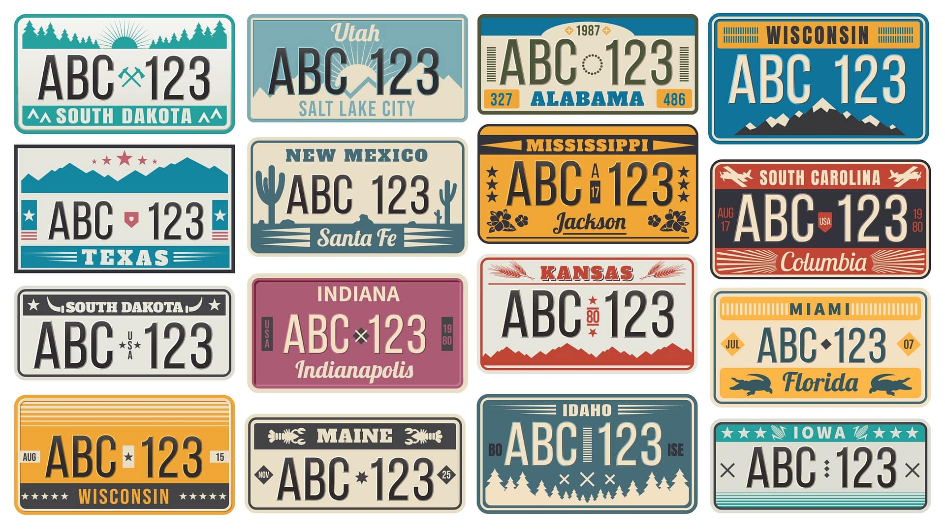 Sample license plates from multiple US states displayed in a grid