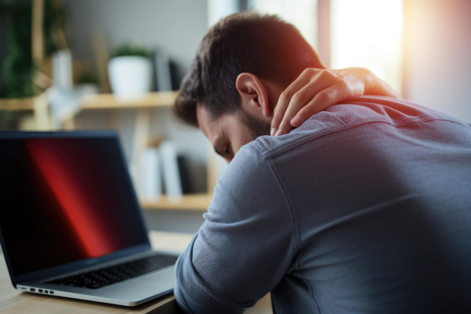 Man sitting at a desk holding the back of his neck in pain, with a laptop open in front of him.