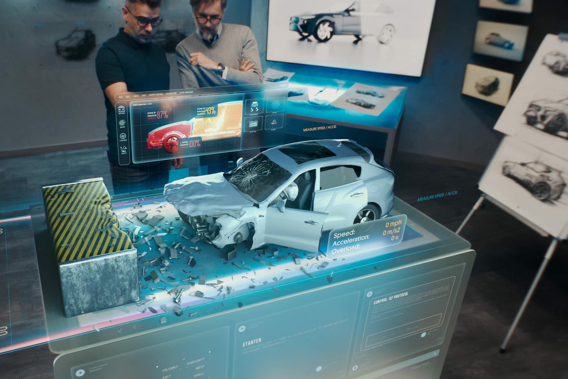 Two engineers Developers standing in design studio near futuristic holographic table and make a test in a 3d car crash test simulator, which simulates a road accident check the safety