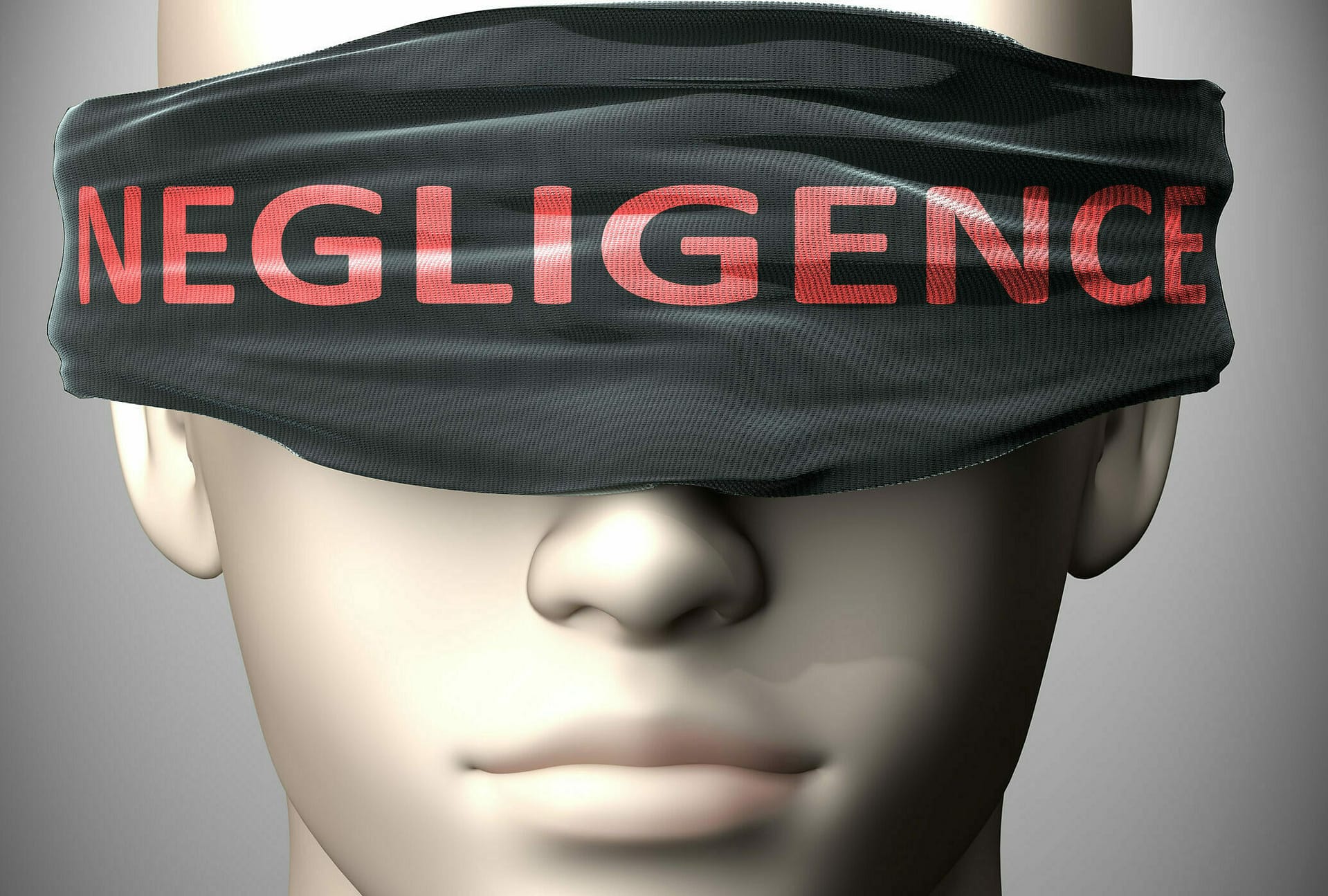 La negligencia puede hacer que las cosas sean más difíciles de ver o nos ciega ante la realidad - representada como la palabra Negligencia en una venda para simbolizar la negación y que la Negligencia puede nublar la percepción. Leyes de negligencia por estado