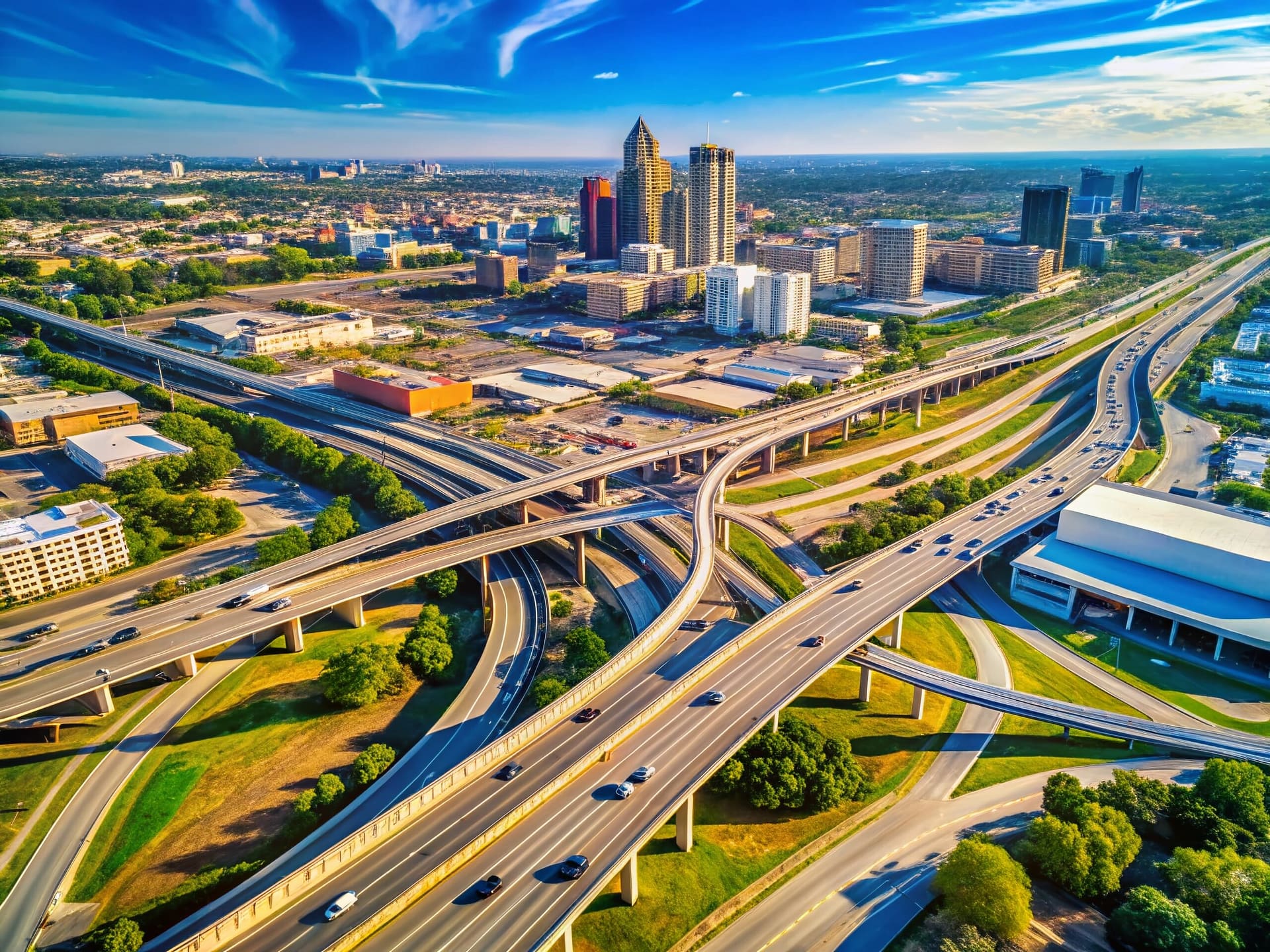 Aerial view of the I-10 and I-35 interchange in San Antonio showing heavy traffic at a high-risk crash corridor