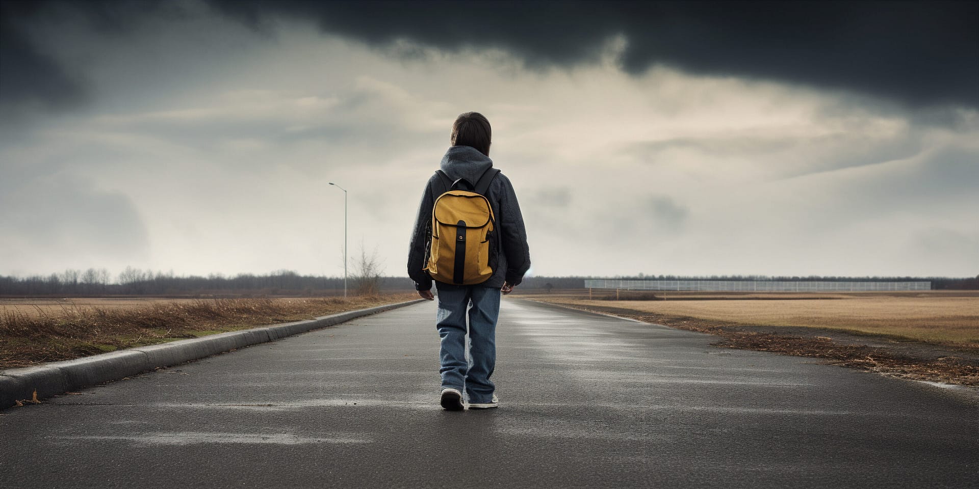 A child walking away from the camera down an empty road under a dark, stormy sky, wearing a yellow backpack.