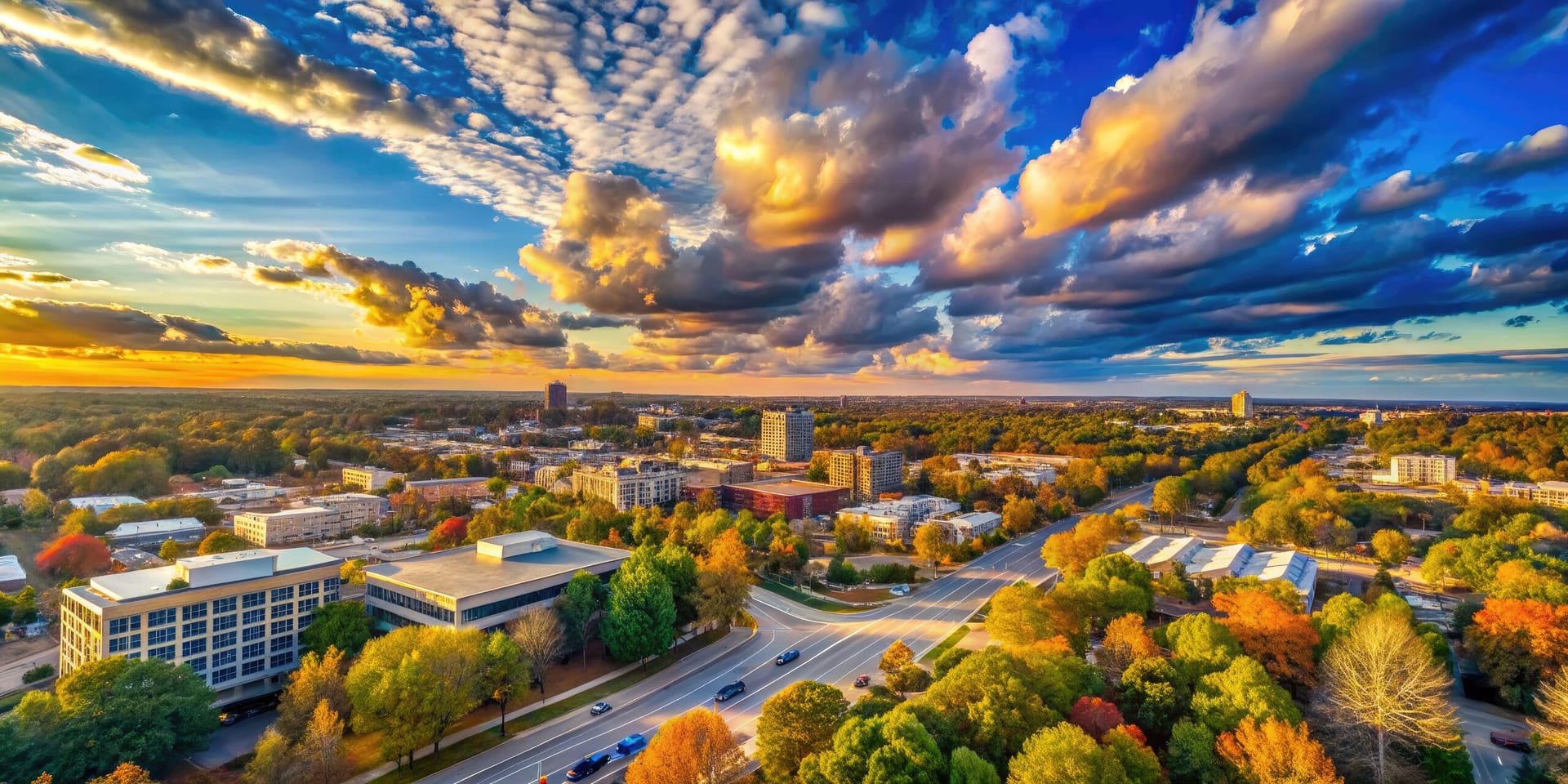 Aerial view of Columbus Georgia showing downtown and surrounding neighborhoods at sunset