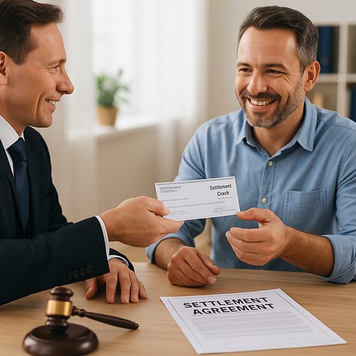 Attorney handing settlement documents to an injured client after winning a personal injury case