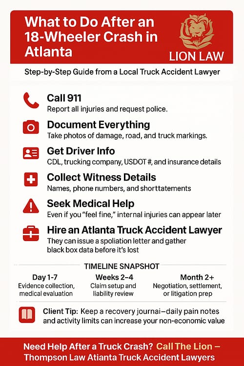 Infographic from Lion Law titled What to Do After an 18-Wheeler Crash in Atlanta, listing six steps: call 911, document everything, get driver information, collect witness details, seek medical help, and hire a truck accident lawyer, with a timeline snapshot and a client tip about keeping a recovery journal.