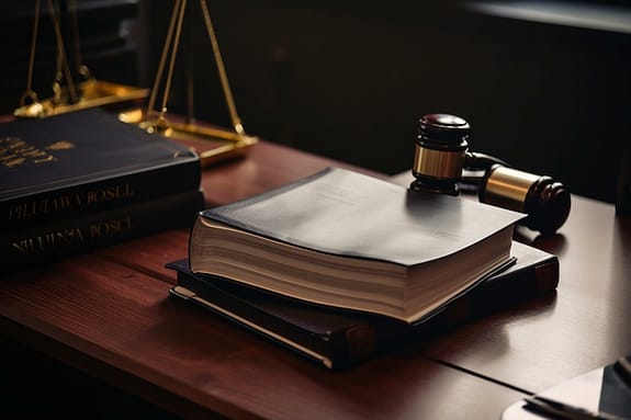 Libros de derecho sobre un escritorio al lado de un mazo