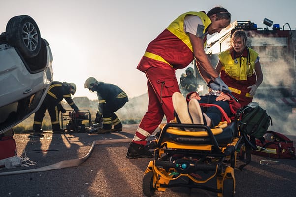 Un médico realiza reanimación cardiopulmonar a una persona que se encuentra boca abajo en una camilla mientras los bomberos intentan extinguir un incendio provocado por un vuelco de un vehículo. Dolor y sufrimiento en casos de lesiones personales.