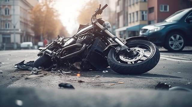 Fragmentos de una motocicleta rota en la acera.