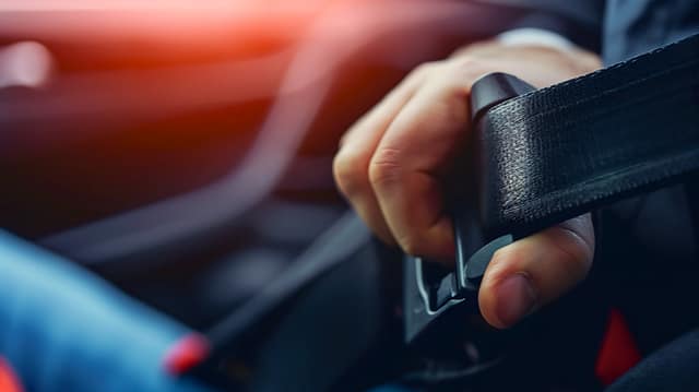 Person pulling a seat belt across the front seat of a vehicle.