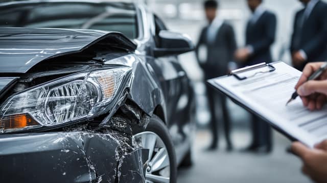 Front-end damage on a San Antonio car accident while an insurance or police inspector documents details on a clipboard for a crash report