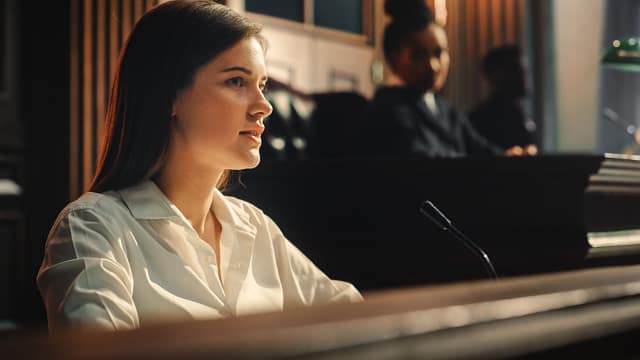 Court of Law and Justice Trial: Portrait of Beautiful Female Witness Giving Evidence to Prosecutor and Defence Counsel, Judge and Jury Listening. Dramatic Speech of Empowered Victim against Crime. Expert Witness. Should I Take My Car Accident Case to Small Claims Court?
