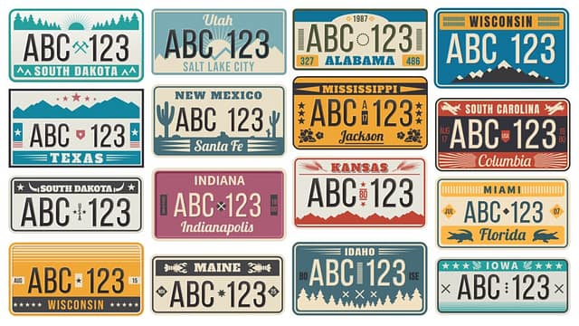 Car number license plate. Retro USA cars registration number signs, Texas, Wisconsin and Kansas license plates vector illustration set. Collection of vintage design elements with names of US states. Front license plate laws in Texas.