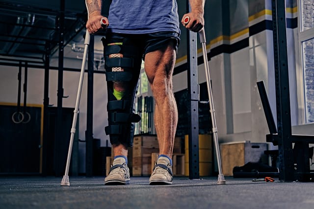 ¿Puedes demandar a un gimnasio por lesiones causadas por equipos defectuosos? 3 Injured bodybuilder's leg in bandage with crutches.