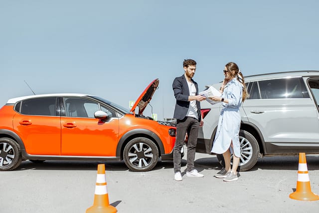 Man and woman arguing, standing together on the road with their cars on the background after the car accident - Richardson car accident lawyers