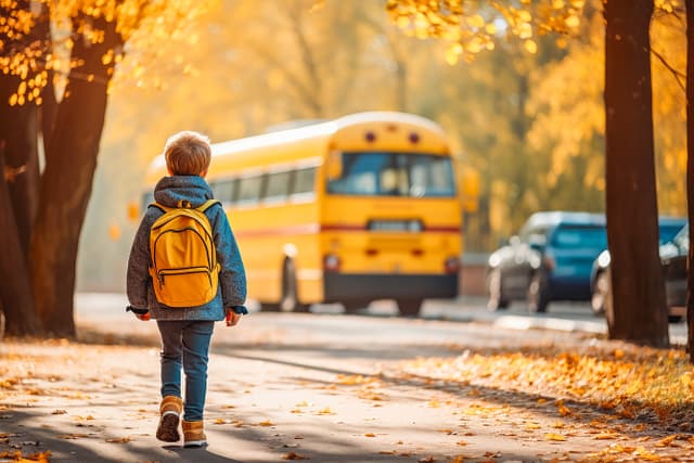 What Age Can Kids Walk to School Alone in the United States? 2 Child walking down a tree-lined sidewalk toward a school bus, surrounded by fallen autumn leaves.