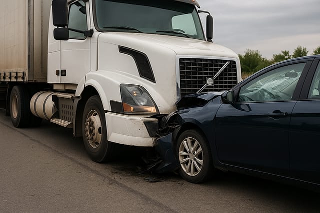 Large white commercial truck colliding with the side of a dark blue sedan on a road, with visible damage to the car's front and side panels.
