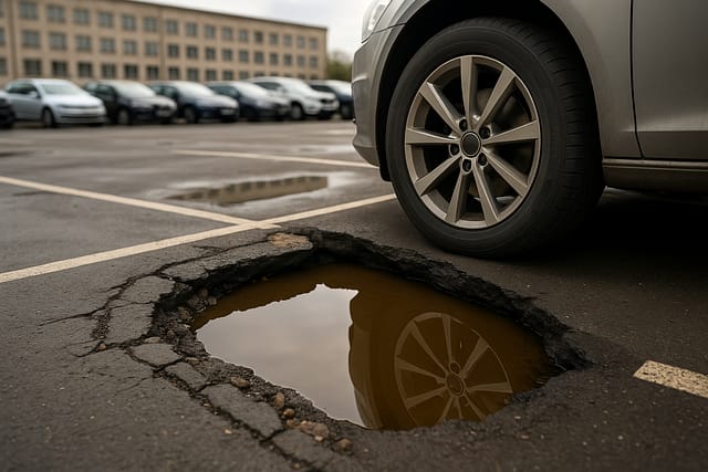 Are business owners liable for parking lot potholes shown with a car parked beside a large water-filled pothole in cracked asphalt.