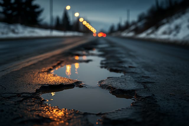 Can You Sue for Pothole Damage in Arizona? Claims, Deadlines, and What to Do Next 4 Pothole damages my vehicle in Arizona— large water-filled pothole on a damaged road surface causing car repair and liability issues.