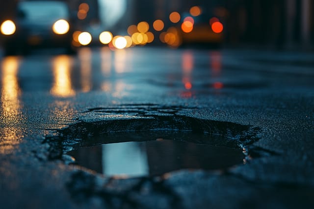 Who Is Liable for a Broken Sidewalk in Arizona? 2 Close-up of a pothole filled with water on a wet road surface at night, with blurred vehicle lights in the background.
