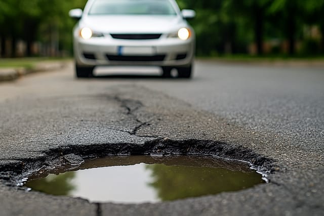 Can You Sue for Pothole Damage in Arizona? Claims, Deadlines, and What to Do Next 2 Pothole damages my vehicle in Arizona with car approaching on cracked asphalt road.