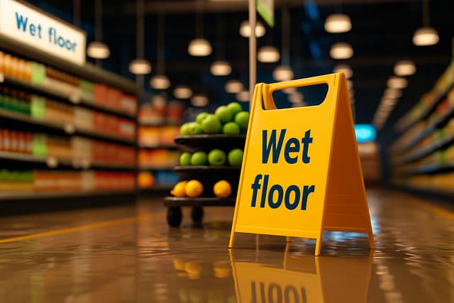 Wet floor sign in grocery store aisle warning of liquid hazard, illustrating risk of slip and fall in a retail store.