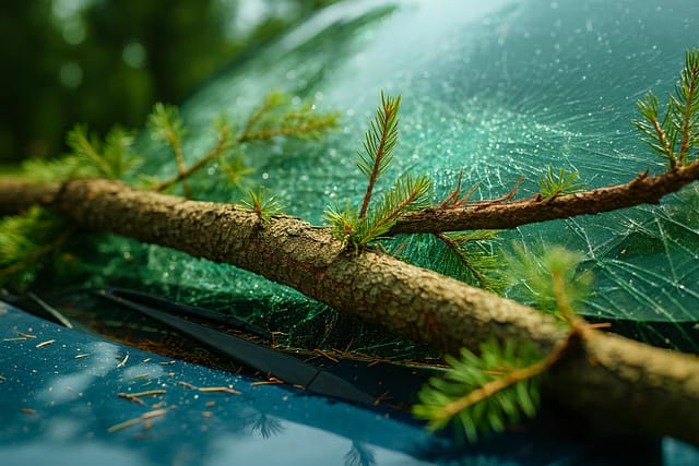 Fallen tree branch on car windshield showing severe damage, highlighting legal and insurance issues about tree falls on my car who’s at fault.
