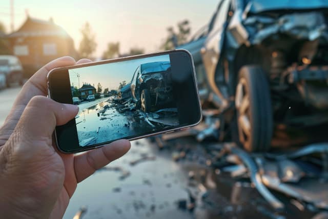 Person holding a phone to photograph a damaged vehicle at an accident scene.