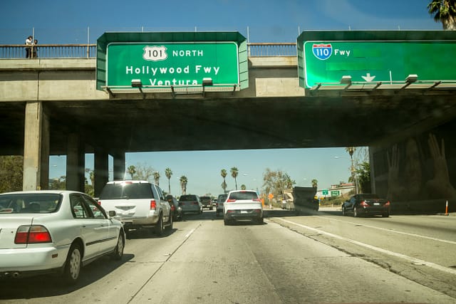 Traffic congestion on US-101 and I-110 in Los Angeles, a high-risk car accident hotspot near busy freeway exits and surface streets