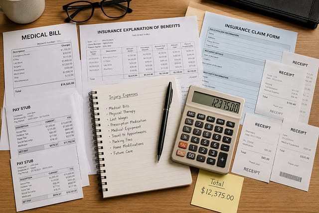 Medical bills, receipts, insurance paperwork, and financial records related to a personal injury claim