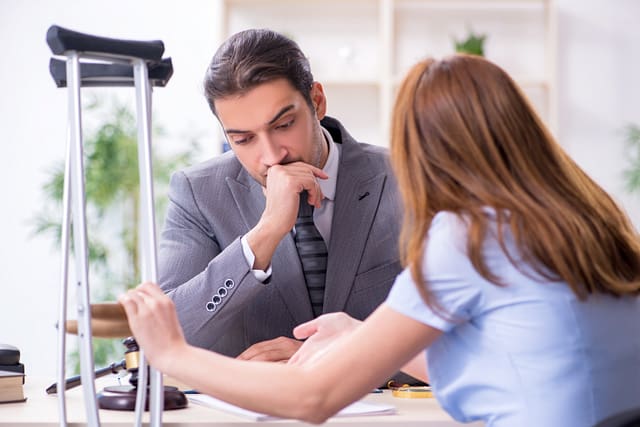 Uninsured Motorist Coverage in California: How UM/UIM Claims Work for Ontario Drivers 5 A man in a suit sitting at a desk with his hand on his chin, with crutches leaning nearby and a woman across the desk reviewing paperwork.