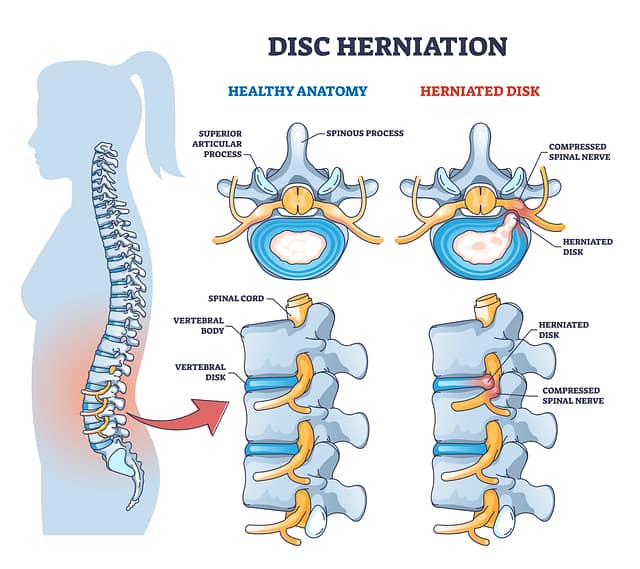 Disc herniation or spine nerve compression vs healthy anatomy outline diagram. Labeled educational scheme with superior articular process and herniated disk vector illustration. Vertebral body trauma.