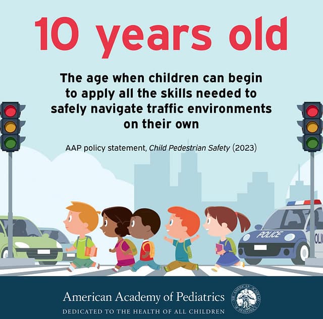 What Age Can Kids Walk to School Alone in the United States? 3 Infographic from the American Academy of Pediatrics stating that 10 years old is the age when children can safely apply all the skills needed to navigate traffic environments on their own, illustrated with children crossing a crosswalk near traffic lights and a police car.