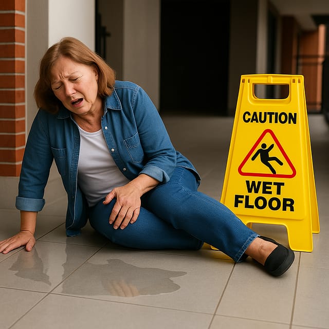 Woman injured from a wet floor accident in an apartment complex, representing an apartment complex slip and fall lawsuit.