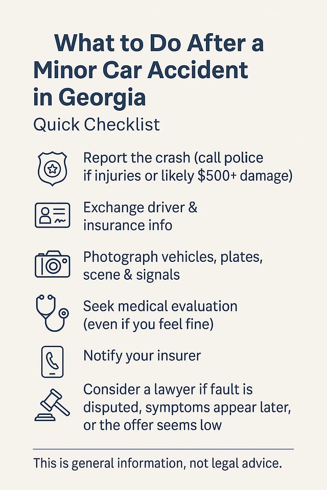 Infographic checklist titled What to Do After a Minor Car Accident in Georgia, listing six steps: report the crash, exchange driver and insurance information, photograph the scene, seek medical evaluation, notify your insurer, and consider a lawyer if needed.