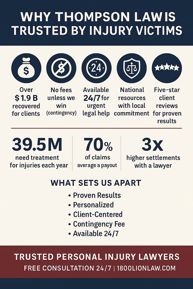 Infographic showing why Thompson Law is trusted by injury victims, highlighting $1.9B recovered, no fees unless we win, 24/7 availability, national resources, and five-star client reviews.