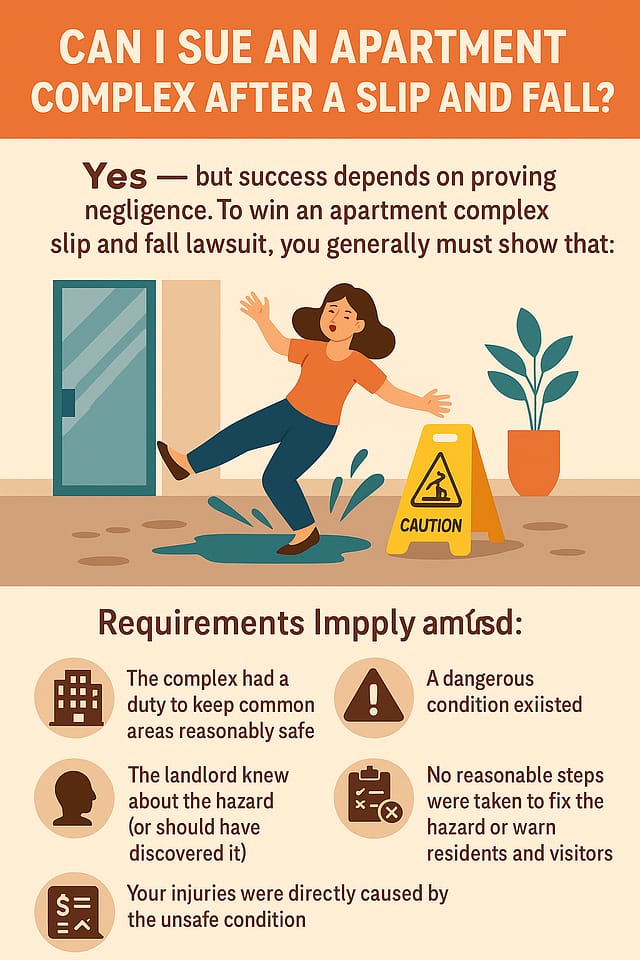 Infographic showing the key steps in an apartment complex slip and fall lawsuit, including duty of care, hazards, landlord negligence, and injury damages.